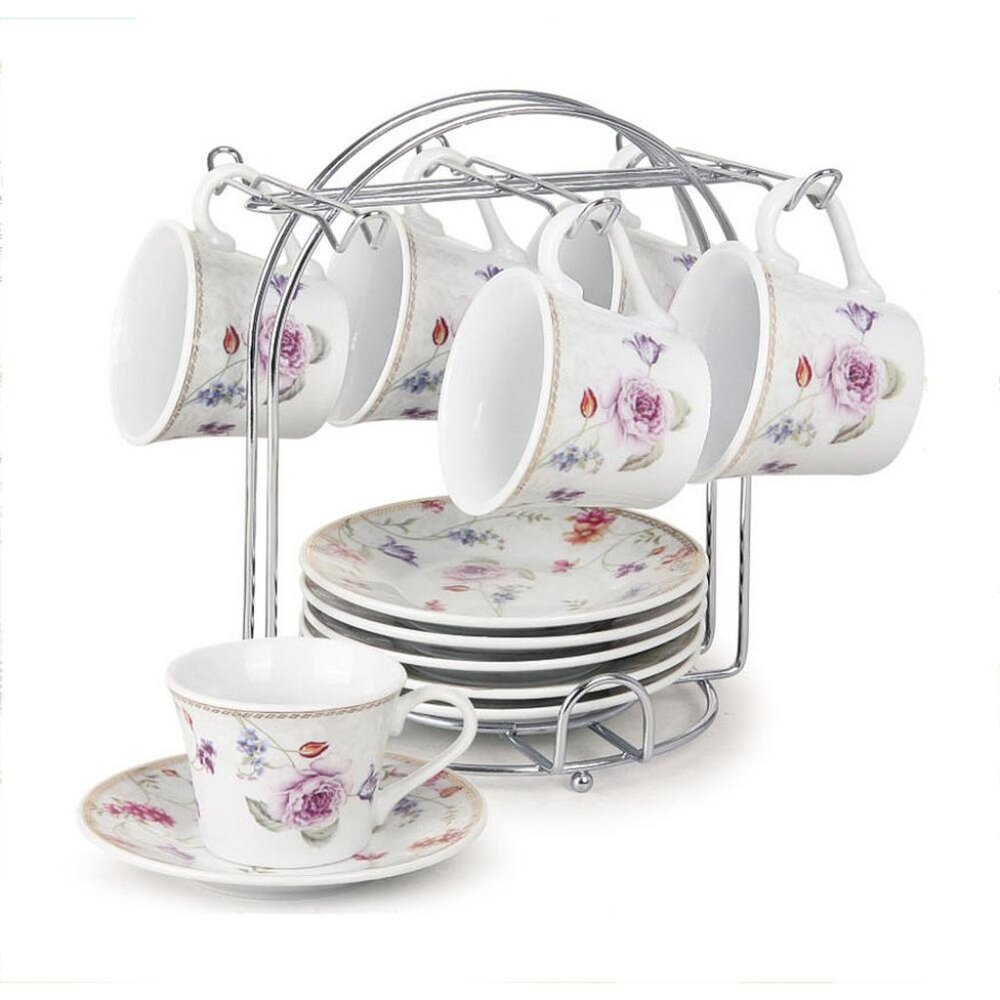 Espresso Cups 2 Oz. on Metal Stand-Purple Flower (Set of 6)